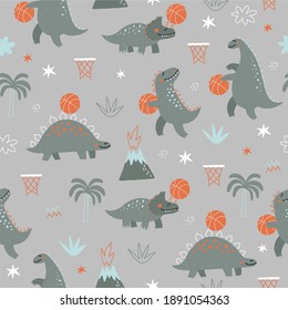 Cute Dinosaurs playing basketball - vector illustration in flat style. Cartoon dino with basketball seamless pattern