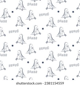 Cute Dinosaurs playing scooter seamless pattern in vector