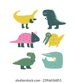 Cute dinosaurios postal con divertidos triceratops de doodle dibujados a mano, t rex dino. Portada de la era Jurásica, plantilla, pancarta, afiche, impresión. Extinción del fondo animal para los niños