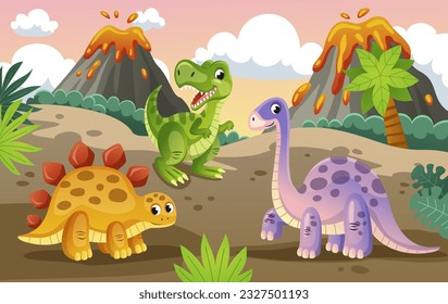 Cute dinosaurs poster. Prehistoric landscape with predators and herbivores, volcano and plants. Nature with brontosaurus, stegosaurus and tyrannosaurus. Cartoon flat vector panoramic illustration