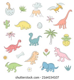 Cute dinosaurs and and prehistoric elements set in doodle style. Funny cartoon characters dino is ideal for cards, wallpapers, poster, children's room, fabric and textile. 