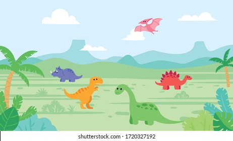 Cute dinosaurs in prehistoric landscape