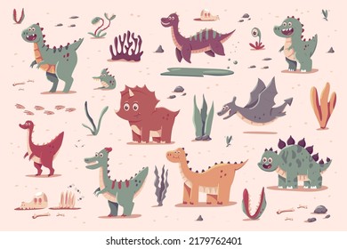 Cute dinosaurs, prehistoric plants vector cartoon set isolated on background.