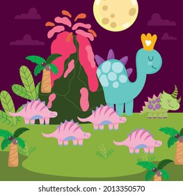cute dinosaurs in prehistoric scene cartoon