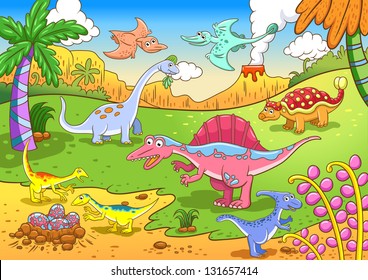 Cute dinosaurs in prehistoric scene EPS10  File - simple Gradients, no Effects, no mesh, no Transparencies. All in separate  group and layer for easy editing