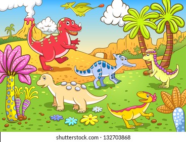 Cute dinosaurs in prehistoric scene EPS10 File - simple Gradients, no Effects, no mesh, no Transparencies. All in separate  group and layer for easy editing