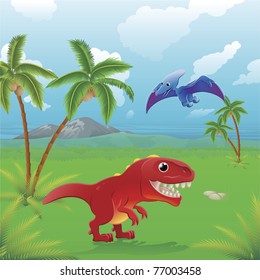 Cute dinosaurs in prehistoric scene. Series of three illustrations that can be used separately or side by side to form panoramic landscape.