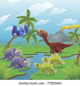 Cute dinosaurs in prehistoric scene. Series of three illustrations that can be used separately or side by side to form panoramic landscape.