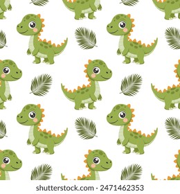 Cute dinosaurs seamless pattern. Background with dinosaurs and tropical leaves. Scandinavian design for baby clothes, shirts, fabrics, textiles.