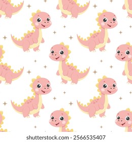 Cute dinosaurs seamless pattern. Background with dinosaurs and tropical leaves. Scandinavian design for baby clothes, shirts, fabrics, textiles.