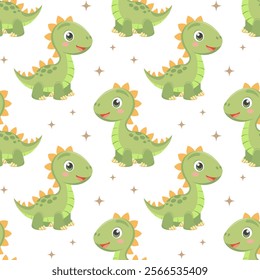 Cute dinosaurs seamless pattern. Background with dinosaurs and tropical leaves. Scandinavian design for baby clothes, shirts, fabrics, textiles.