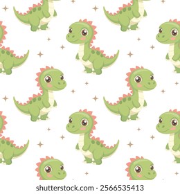 Cute dinosaurs seamless pattern. Background with dinosaurs and tropical leaves. Scandinavian design for baby clothes, shirts, fabrics, textiles.