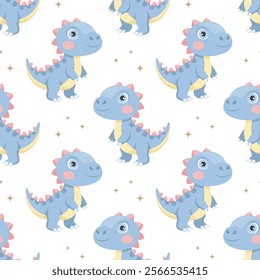 Cute dinosaurs seamless pattern. Background with dinosaurs and tropical leaves. Scandinavian design for baby clothes, shirts, fabrics, textiles.