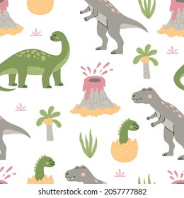 Cute dinosaurs seamless pattern cartoon, tropical plant, palm and volcano. Funny animals clip art. Colourful animals on white background. Hand drawn vector illustration in modern trendy flat style