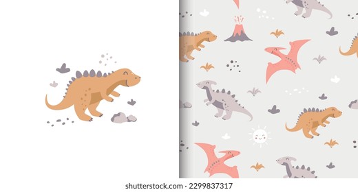 Cute Dinosaurs seamless pattern and cartoon. Children's pattern with dinos, volcano, plants in pastel color. Design for kids fashion, wrapping, wallpaper, fabric, textile