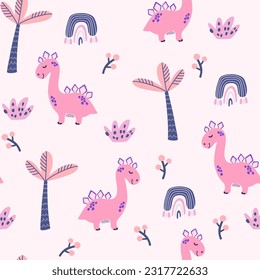 Cute Dinosaurs seamless pattern. Children pattern with dinos, palms and berries. Perfect  for fashion clothes, shirt, fabrics, textiles. Scandinavian design. Vector Kids pink dino background for girls