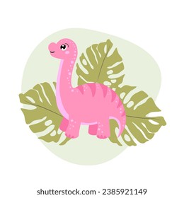 Cute Dinosaurs seamless pattern. Children pattern with dinos, palms and berries. Perfect for fashion clothes, shirt, fabrics, textiles. Scandinavian design. Vector Kids pink dino.