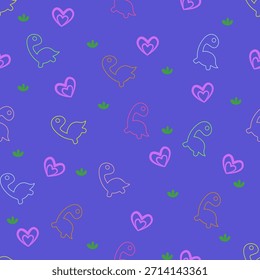 Dinossauros bonitos padrão sem costura. Desenhos animados de crianças dinossauros e coração rosa fundo sem emenda para tecido, papel, embalagem e outro design.