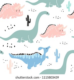 Cute dinosaurs seamless pattern. Funny cartoon dino. Hand drawn vector doodle design for girls, kids. Hand drawn children's illustration for fashion clothes, shirt, fabric