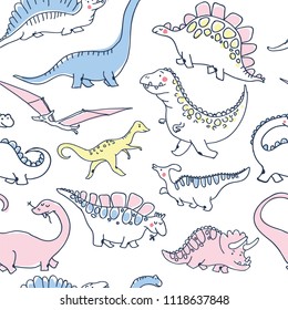 Los dinosaurios pequeños son un patrón impecable. Divertido dibujo animado. Diseño de doodles vectoriales dibujados a mano para niñas, niños. Ilustración para niños dibujada a mano para ropa de moda, camisa, tela