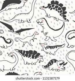 Cute dinosaurs seamless pattern. Funny cartoon dino. Hand drawn vector doodle design for girls, boys, kids in scandinavian style. Hand drawn children's illustration for fashion clothes, shirt, fabric