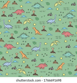 Cute dinosaurs seamless pattern. Funny cartoon dino. Hand drawn vector doodle design for kids. Hand drawn children's illustration for fashion clothes, shirt, fabric
