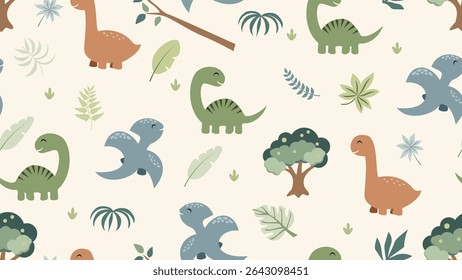 Cute dinosaurs seamless pattern. Jungle dinosaurs animal seamless pattern. Safari dinosaurs and tropical plants.  Perfect for fabrics, print, textile, wallpaper, decor. SSTKbackgrounds 