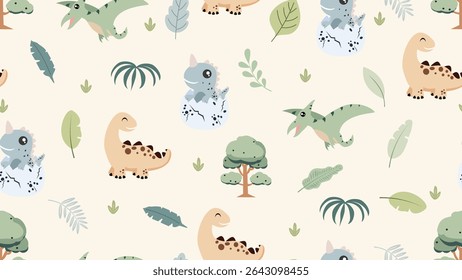 Cute dinosaurs seamless pattern. Jungle dinosaurs animal seamless pattern. Safari dinosaurs and tropical plants.  Perfect for fabrics, print, textile, wallpaper, decor. SSTKbackgrounds 