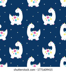 Cute dinosaurs seamless pattern on starry sky background. Vector illustration for children. Printing for packaging, fabric, textile, wallpaper.