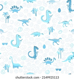 Cute dinosaurs seamless pattern. Solid pattern, shades of blue. Funny cartoon dinosaur