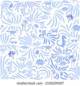 Cute dinosaurs seamless pattern. Solid pattern, shades of blue. Funny cartoon dinosaur