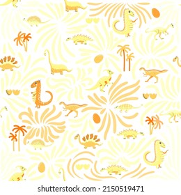 Cute dinosaurs seamless pattern. Solid pattern, shades of orange. Funny cartoon dinosaur