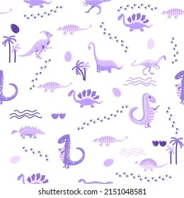 Cute dinosaurs seamless pattern. Solid pattern, shades of purple. Funny cartoon dinosaur