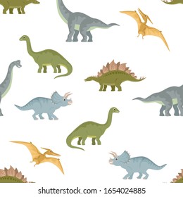 Cute dinosaurs seamless pattern. Vector cartoon flat illustration of stegosaurus, pteranodon, brontosaurus, triceratops and brachiosaurus isolated on white background. Jurassic period funny animals.