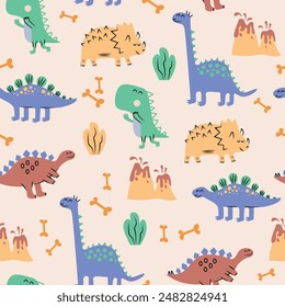 Cute dinosaurs seamless pattern. Vector background for kids. 