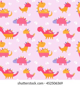 Cute dinosaurs seamless pattern. Vector background with cartoon dinosaurs