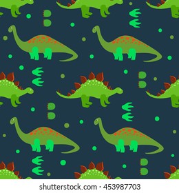 Cute dinosaurs seamless pattern. Vector background with cartoon green dinosaurs and footprints on dark.