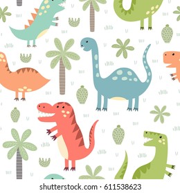 Cute dinosaurs seamless pattern. Vector illustration in childish style great for fabric and textile, wallpapers, web page backgrounds, cards and banners design