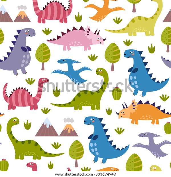 かわいい恐竜のシームレスな柄 布地 繊維 壁紙 ウェブページの背景 カード バナーデザインに最適な子どもっぽいスタイルのベクターテクスチャー のベクター画像素材 ロイヤリティフリー