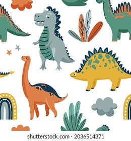 Cute dinosaurs seamless vector pattern with bright color dino, leaves, cloud, rainbow, star on white background. Cool kid nursery print design in scandinavian style.