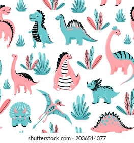 Cute dinosaurs seamless vector pattern with baby dino and floral elements. Cool kid nursery print design in scandinavian style isolated on white background.