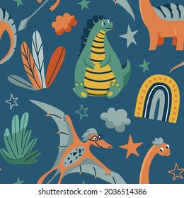 Cute dinosaurs seamless vector pattern with bright color dino, leaves, cloud, rainbow, star on dark blue background. Cool kid nursery print design in scandinavian style.