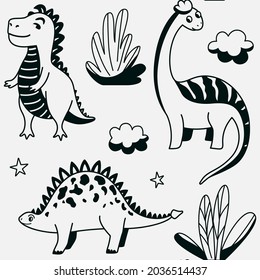 Cute dinosaurs seamless vector pattern with outline graphic dino, leaves, cloud, star on grey background. Cool kid nursery print design in scandinavian style.