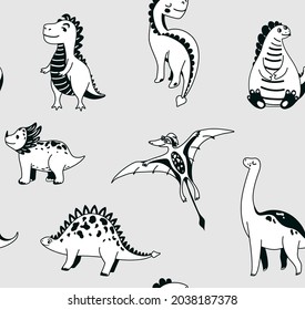 Cute dinosaurs seamless vector pattern with graphic dino on grey background. Cool kid nursery print design in scandinavian style.