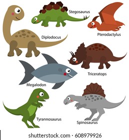 Cute dinosaurs set. Cartoon dino characters, isolated elements for kids design, educational children infographics. Diplodocus, Tyrannosaur, Triceratops and other prehistoric creatures