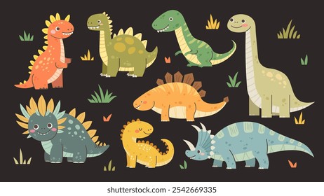 Dinossauros bonitos. Coleção de dinossauros e folhas tropicais para crianças no fundo branco. Elementos vetoriais