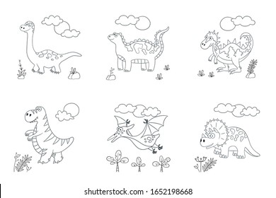 Cute dinosaurs. Set of dino. Vector illustration in doodle and cartoon style for coloring books and prints. Hand drawn. Black and white