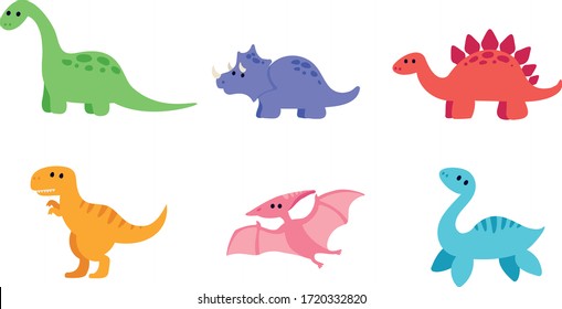 Cute dinosaurs set: diplodocus, triceratops, stegosaurus, t-rex, pterodactyl and plesiosaurus