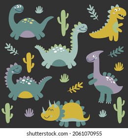 Cute dinosaurs set. Doodle cartoon dino characters for nursery posters, cards, kids t-shirts. Vector illustration.	