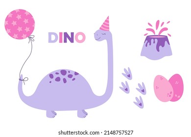 Cute dinosaurs set eggs, volcano, footprints